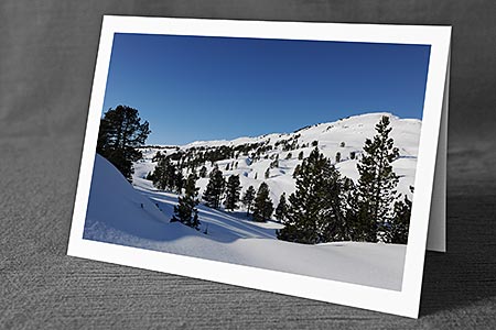 A5-Fotokarte/Klappkarte mit hochwertigem Papierabzug, Einlageblatt und Umschlag. Fototitel: Lichter Föhrenwald in schneebedeckter, lieblicher Berglandschaft (Klappkarte, Kunstkarte)