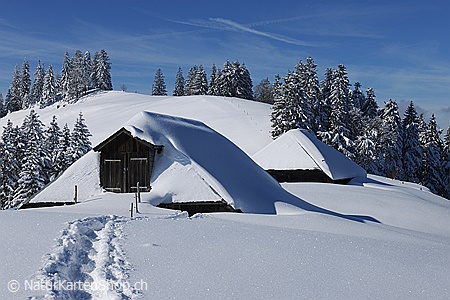 A5-Fotokarte/Klappkarte mit hochwertigem Papierabzug, Einlageblatt und Umschlag. Fototitel: Weihnachtskarte Alphütten im Winter (Klappkarte, Kunstkarte)
